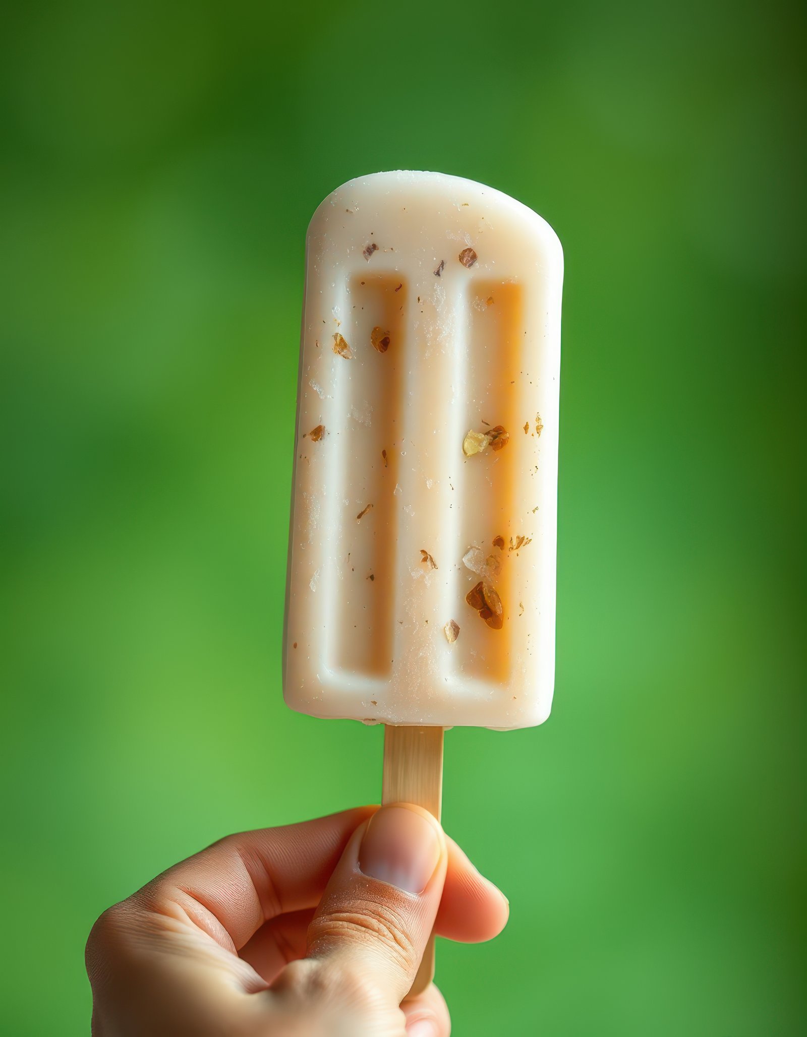 Delicious homemade popsicle with layers of flavor enjoyed in a sunny outdoor setting